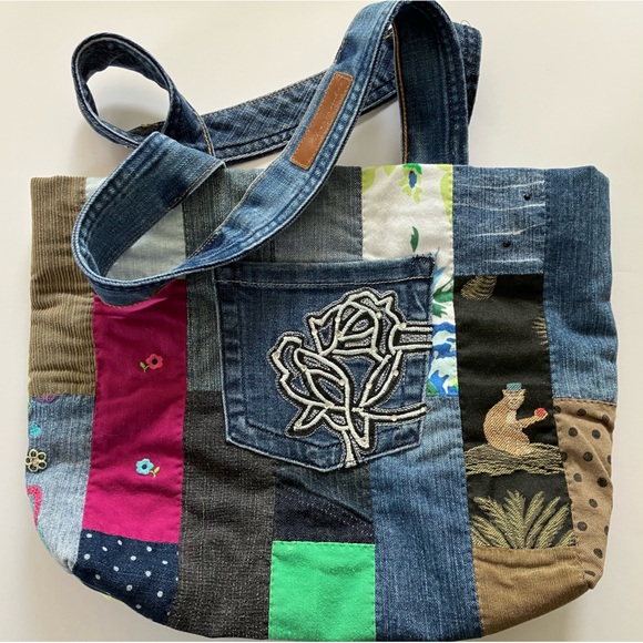 jpthreads Handbags - Denim Upcycled Tote/Shoulder Bag, Handmade, Multicolored